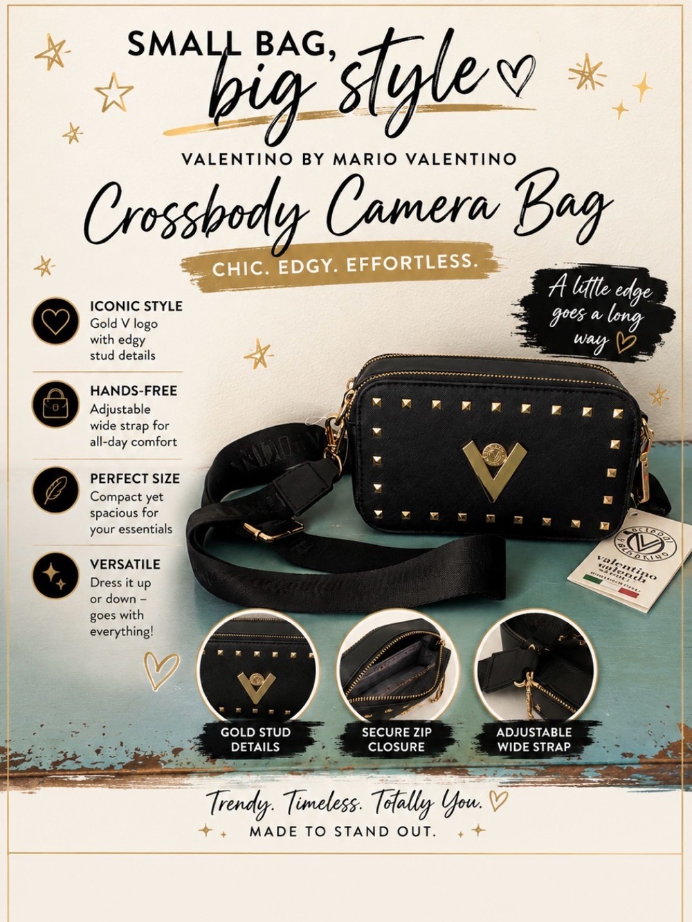 Valentino by Mario Valentino Black Camera Crossbody Bag with Gold Hardware